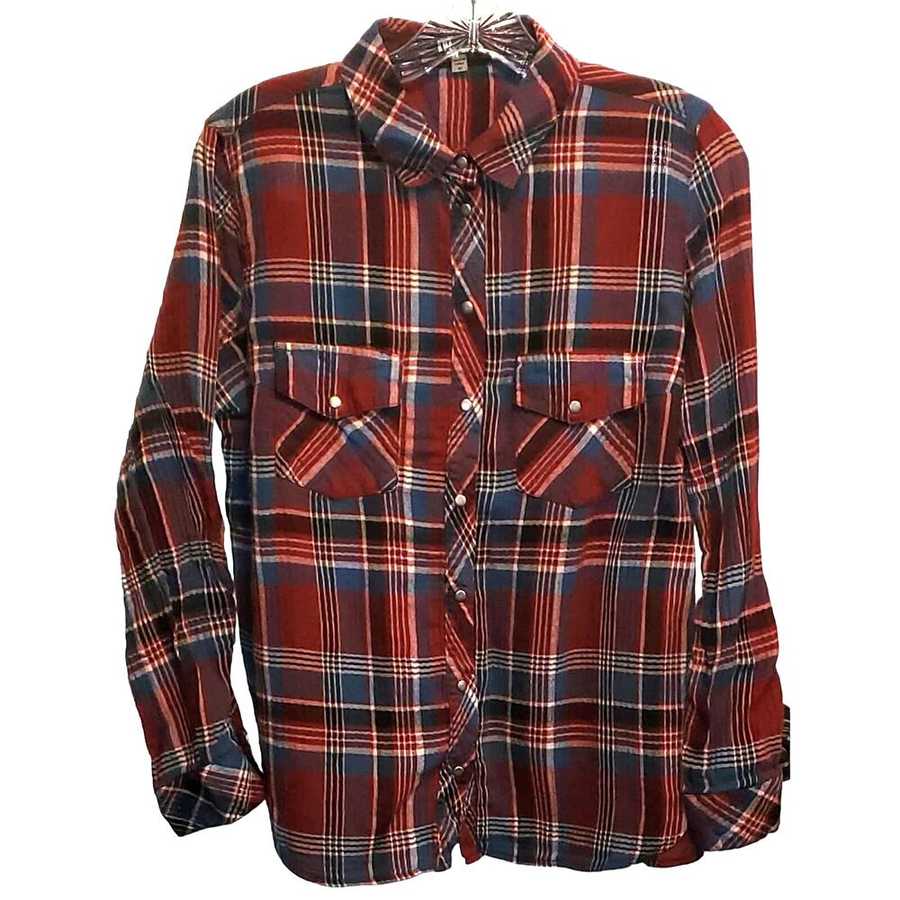 Kut From the Cloth Long Sleeve Plaid Flannel burgundy blue cream Shirt Medium